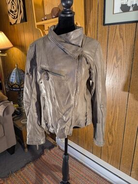 Danier Taupe Leather Asymmetrical Zip Moto Jacket